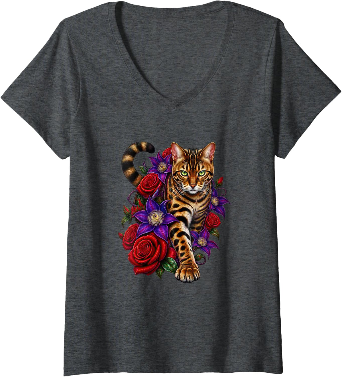 Women's Bengal Cat with Red Roses and Purple Clematis V-Neck T-Shirt - Dark Heather Grey