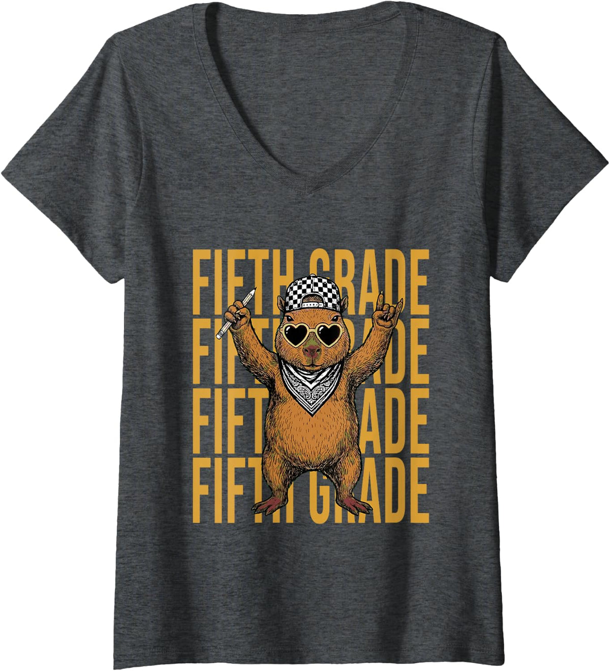Women's Fifth Grade Capybara Teacher Back to School Rock Gesture V-Neck T-Shirt - Dark Heather Grey