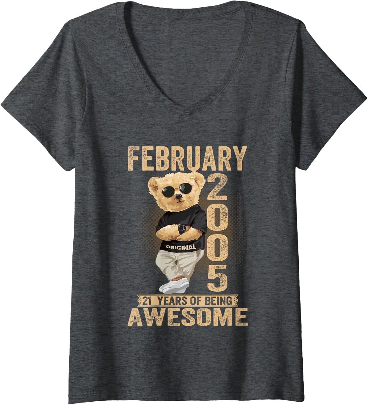 Women's February 2005 21st Birthday 2026 Women 21 Years Teddy Bear V-Neck T-Shirt - Dark Heather Grey