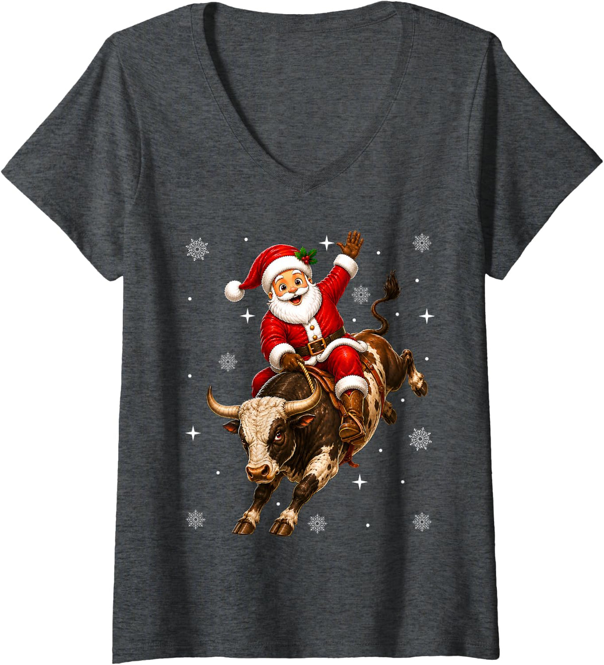Women's Rodeo Santa Riding Bull Christmas Fun V-Neck T-Shirt - Dark Heather Grey