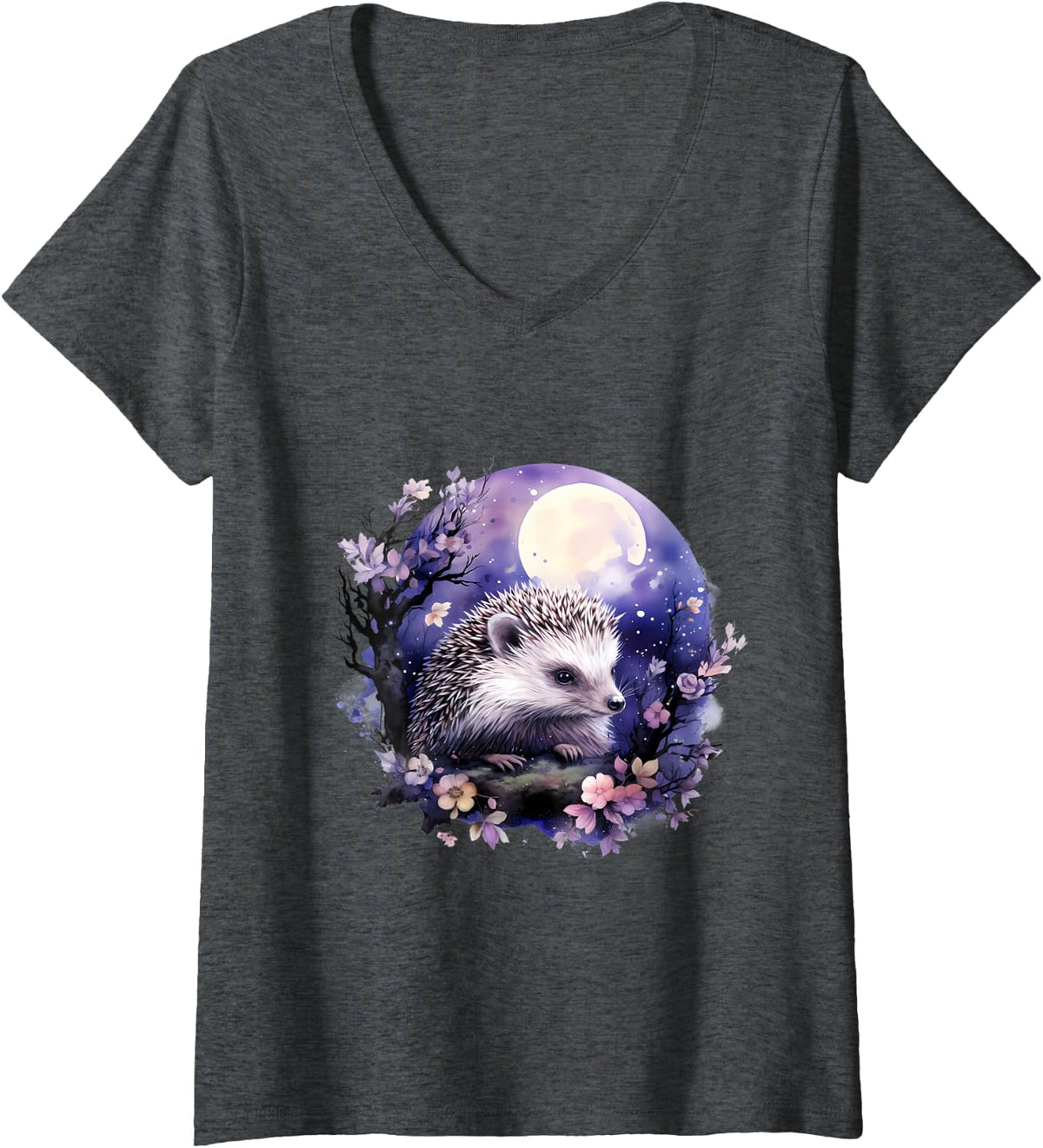 Women's Hedgehog Nature Artwork Wildlife Forest Floral Animal Lovers V-Neck T-Shirt - Dark Heather Grey
