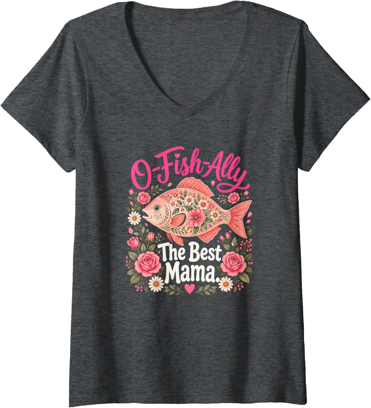 Women's Floral Largemouth Bass Fishing Girl Angler Lake Outdoors V-Neck T-Shirt - Dark Heather Grey