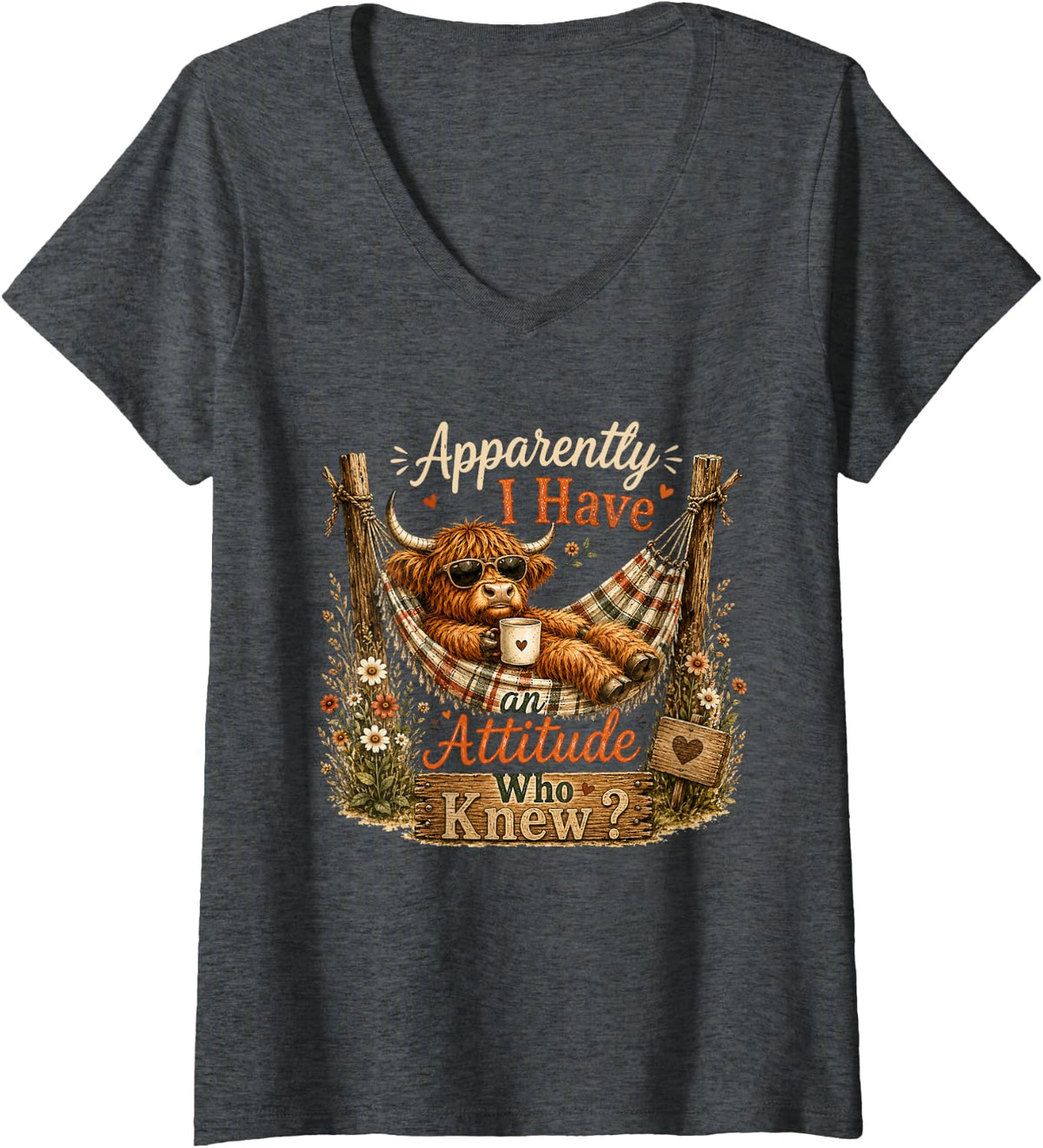Women's Apparently I Have an Attitude Who Knew Highland Cow Print V-Neck T-Shirt - Dark Heather Grey