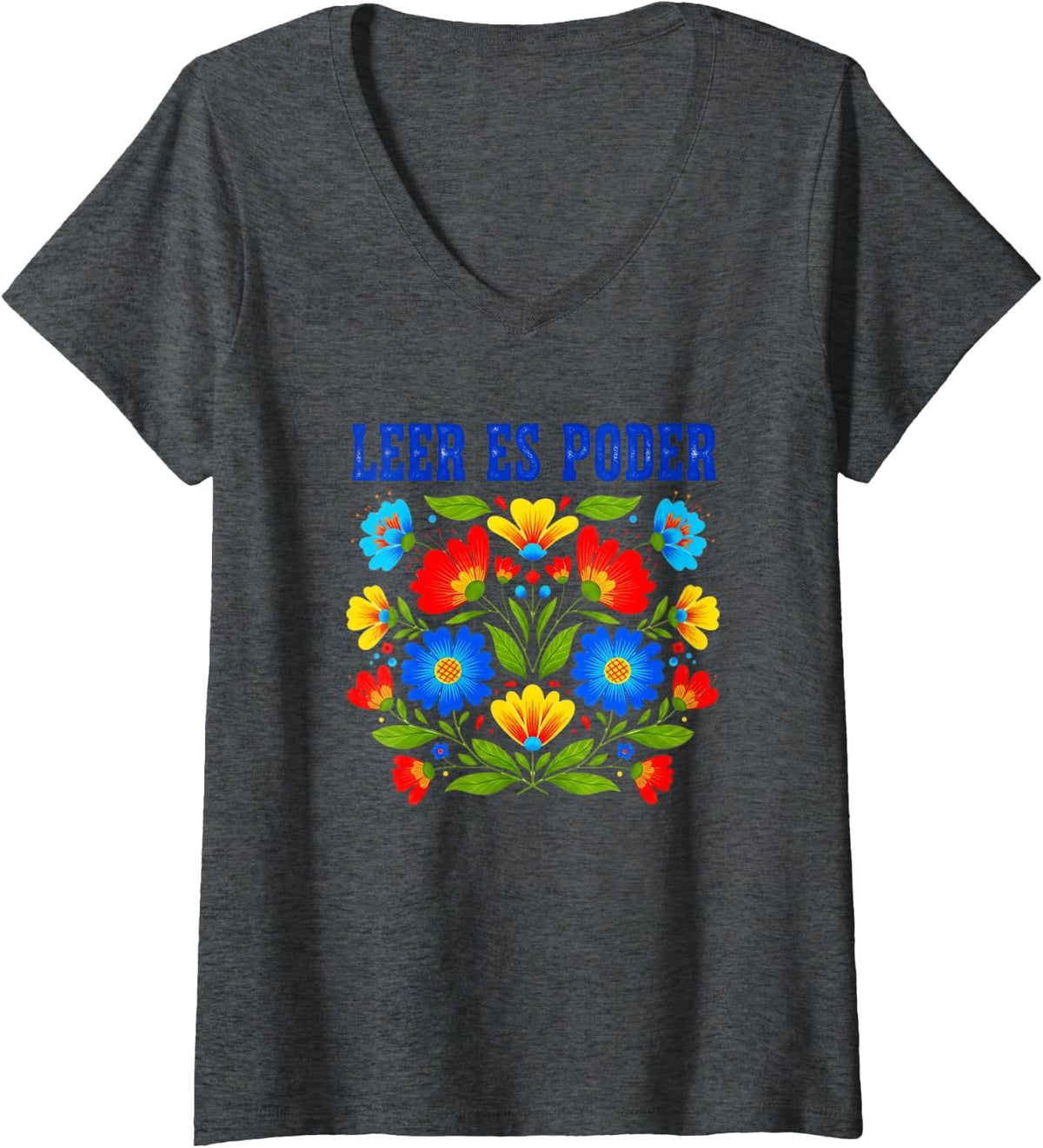Women's Leer ES Poder Floral Boho Spanish Teacher Reader V-Neck T-Shirt - Dark Heather Grey