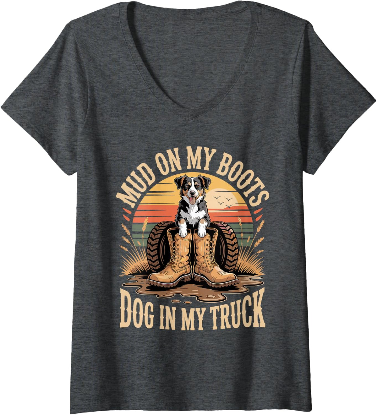 Women's Mud On My Boots Dog in My Truck Border Collie V-Neck T-Shirt - Dark Heather Grey
