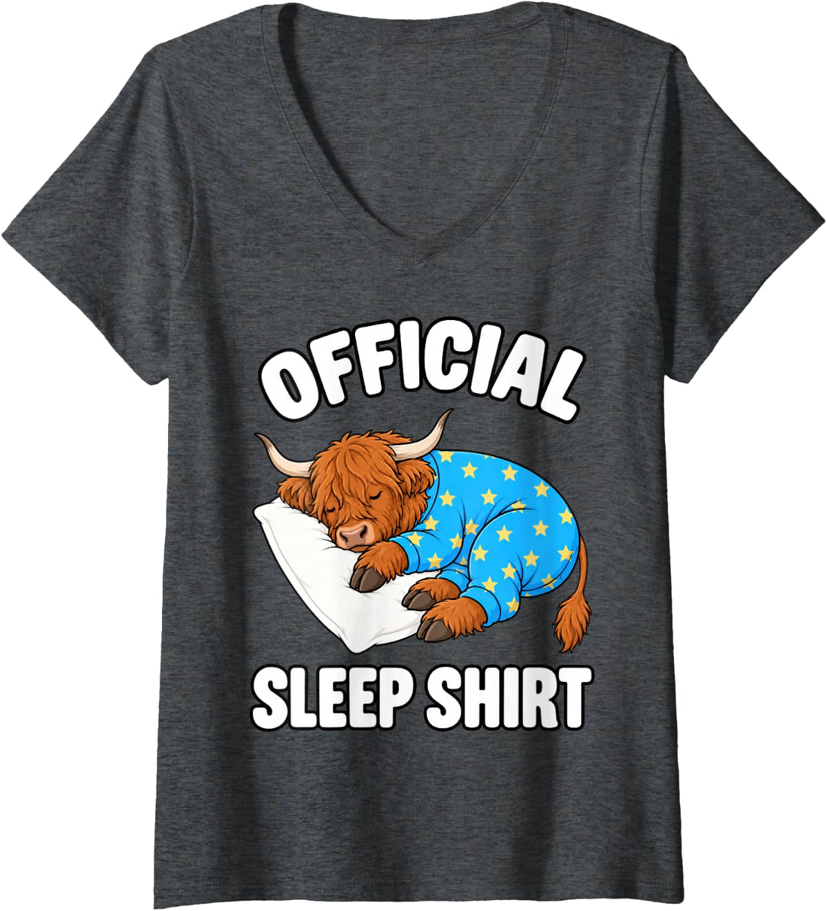 Women's Highland Cow Sleeping in Pajamas Official Sleepshirt Cute V-Neck T-Shirt - Dark Heather Grey