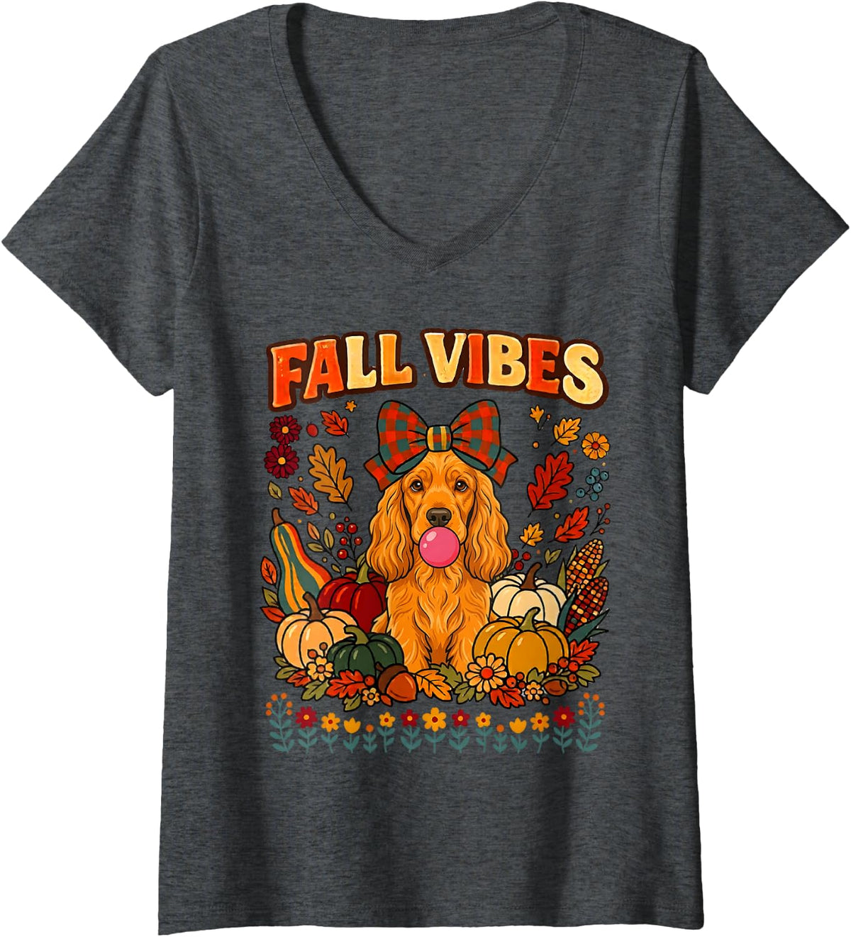 Women's Fall Vibes Cocker Spaniel Dog Coquette Pumpkin Autumn Season V-Neck T-Shirt - Dark Heather Grey