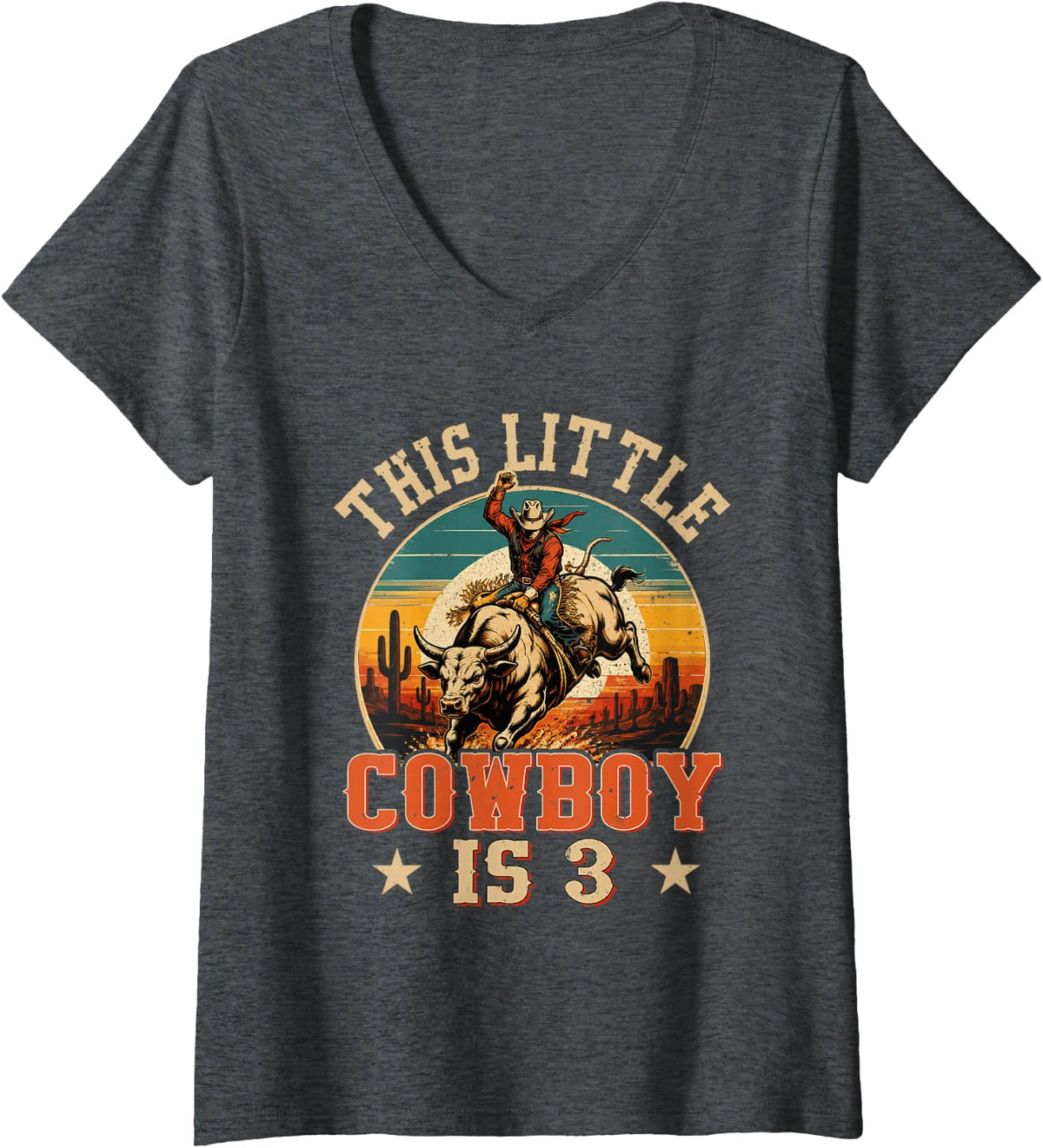 Women's 3 Years Old Bull Riding Lover 3rd Birthday Cowboy Theme V-Neck T-Shirt - Dark Heather Grey