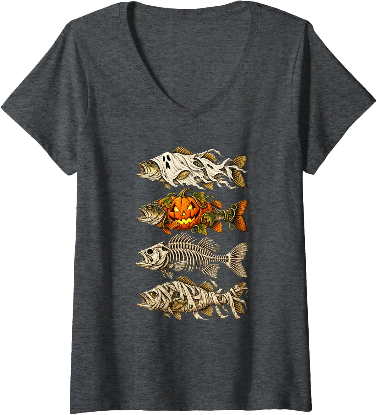 Women's Halloween Fishing Skeleton Fish Mummy Jack O Lantern V-Neck T-Shirt - Dark Heather Grey