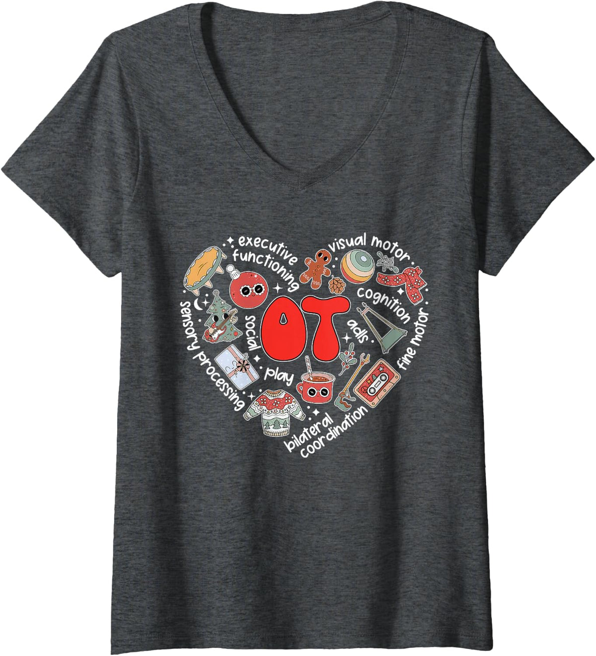 Women's OT Occupational Therapy Heart Christmas OT Therapist Xmas V-Neck T-Shirt - Dark Heather Grey