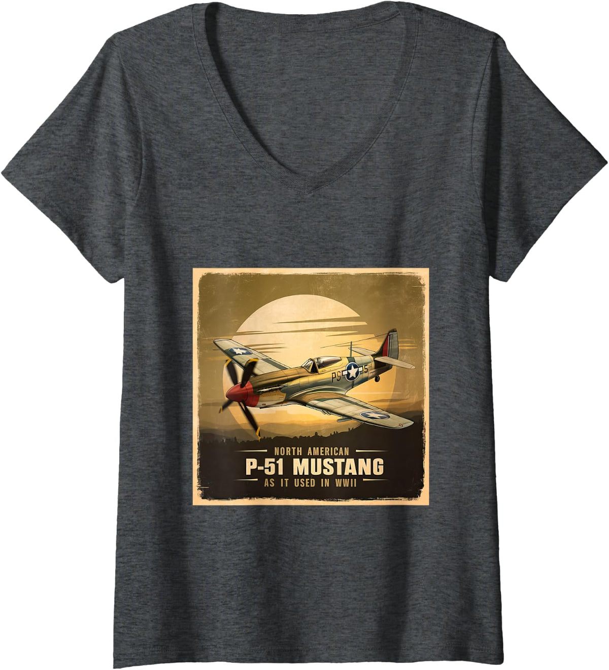 Women's North American P-51 Mustang WW2 Fighter Vintage Airplane V-Neck T-Shirt - Dark Heather Grey