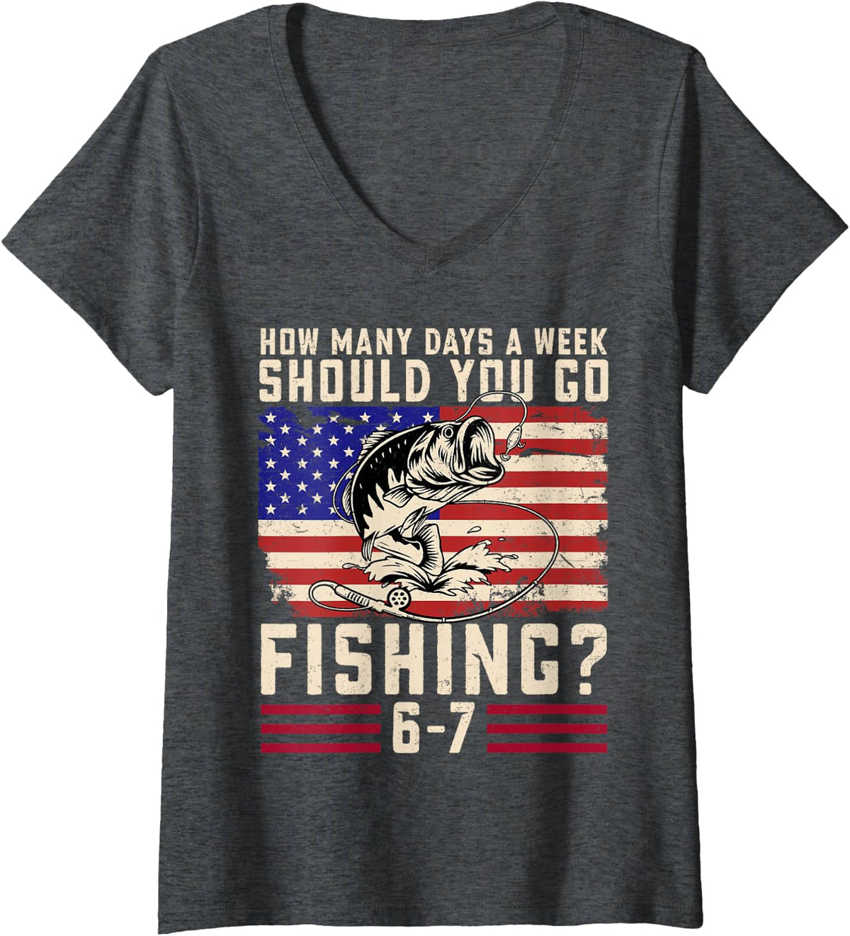 Women's Funny Fishing Six Seven Boy Teens Kid USA Flag Bass Fish 67 V-Neck T-Shirt - Dark Heather Grey