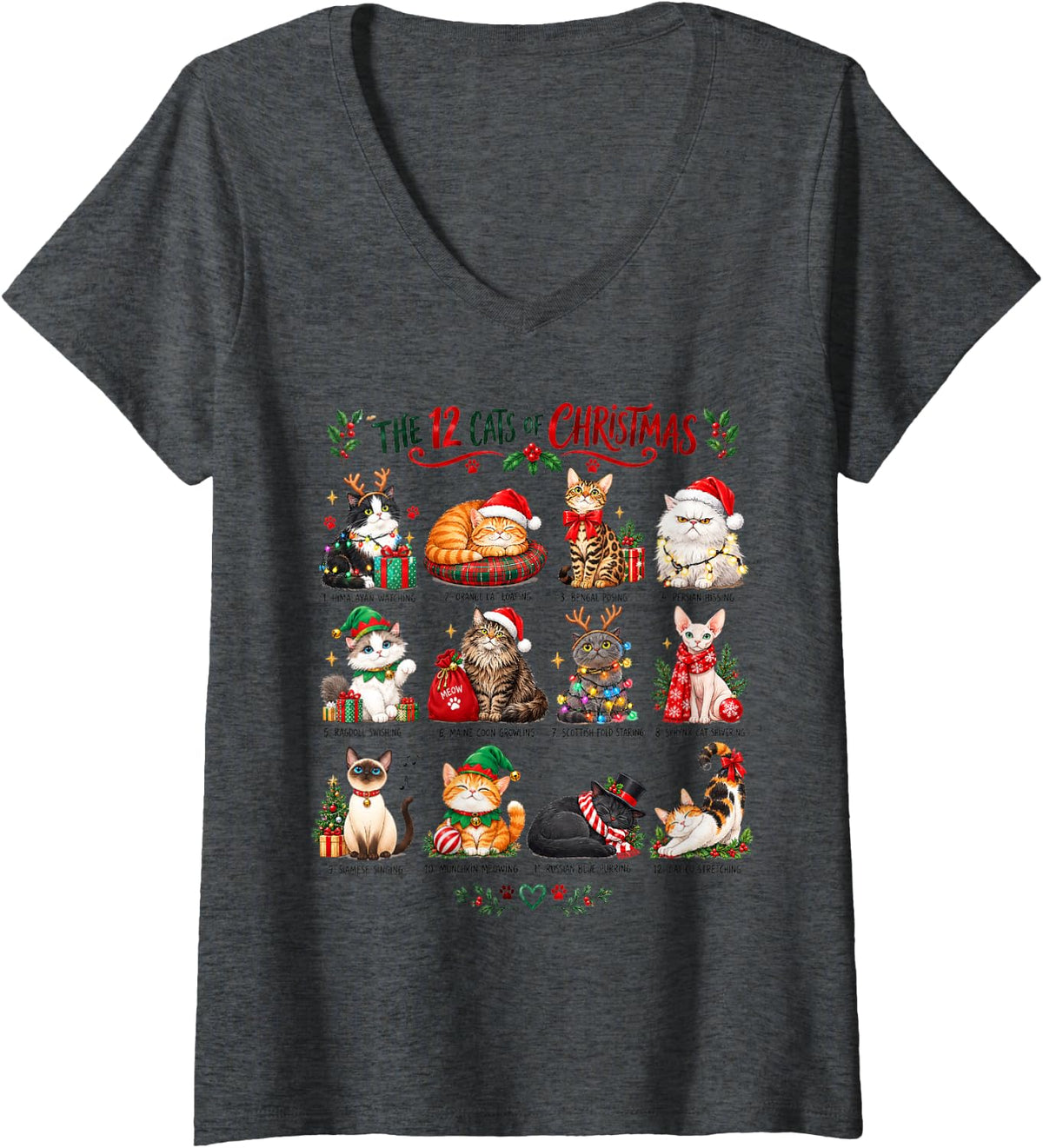 Women's Cute Christmas Cat Lover 12 Festive Kitties Mom Dad Holiday V-Neck T-Shirt - Dark Heather Grey