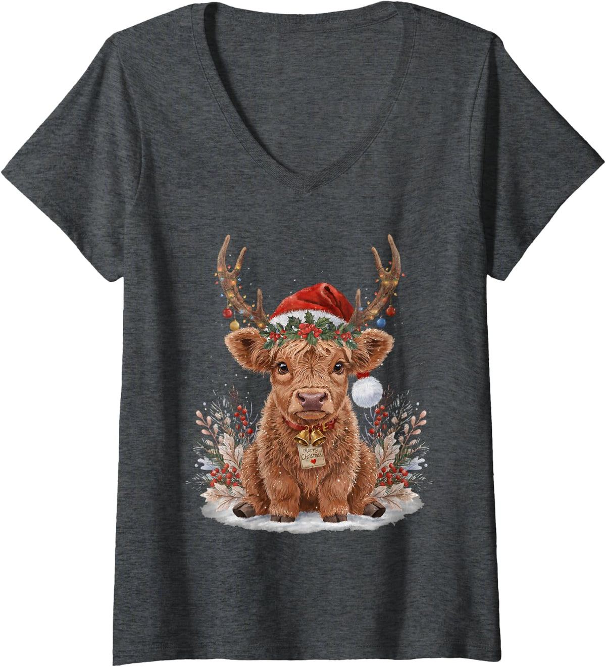 Women's Merry Christmas Highland Cow Lover Santa Holiday V-Neck T-Shirt - Dark Heather Grey