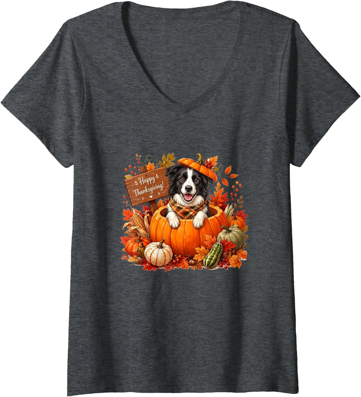 Women's Border Collie Inside Pumpkin Fall Leaves Thanksgiving Owner V-Neck T-Shirt - Dark Heather Grey