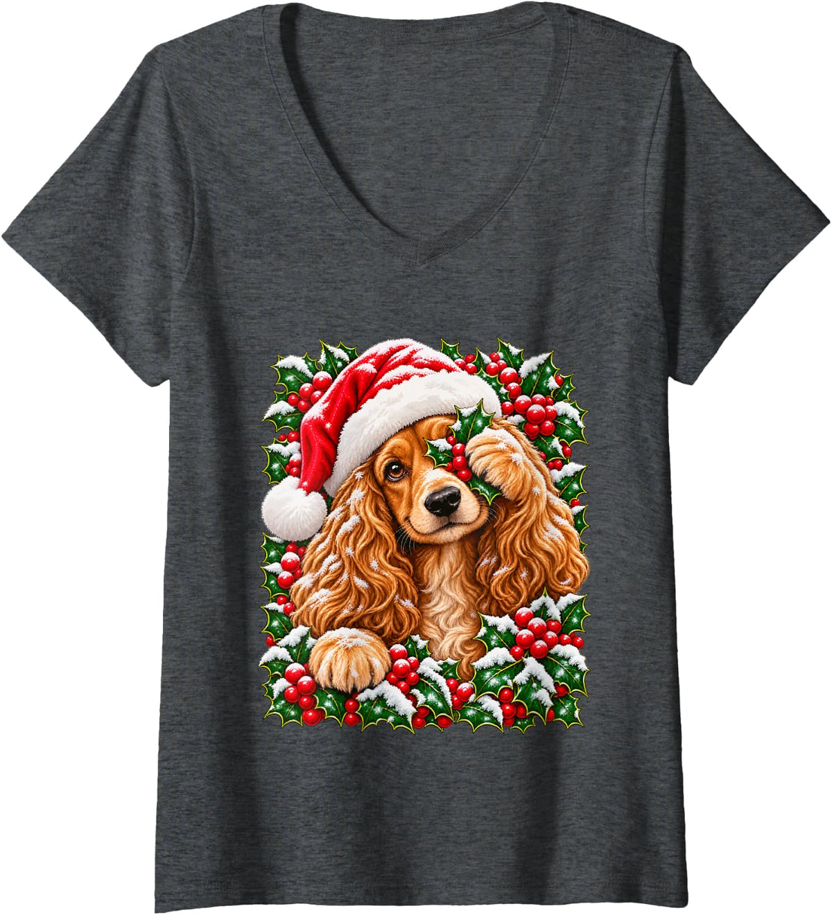 Women's Christmas Cocker Spaniel Peeking with Holly Berries Dog Xmas V-Neck T-Shirt - Dark Heather Grey