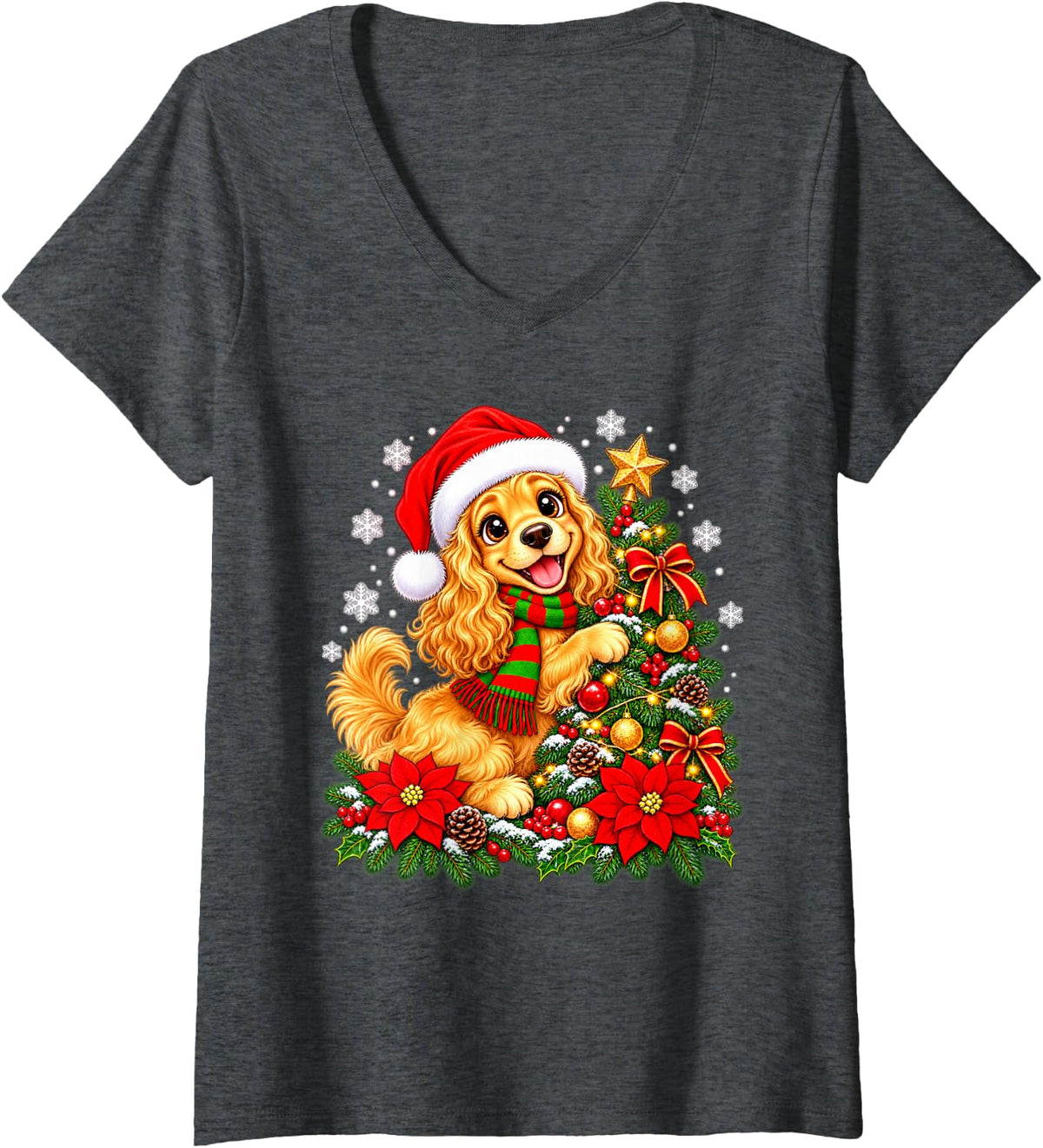 Women's Christmas Tree Cocker Spaniel Santa Hat Men Women Kids V-Neck T-Shirt - Dark Heather Grey