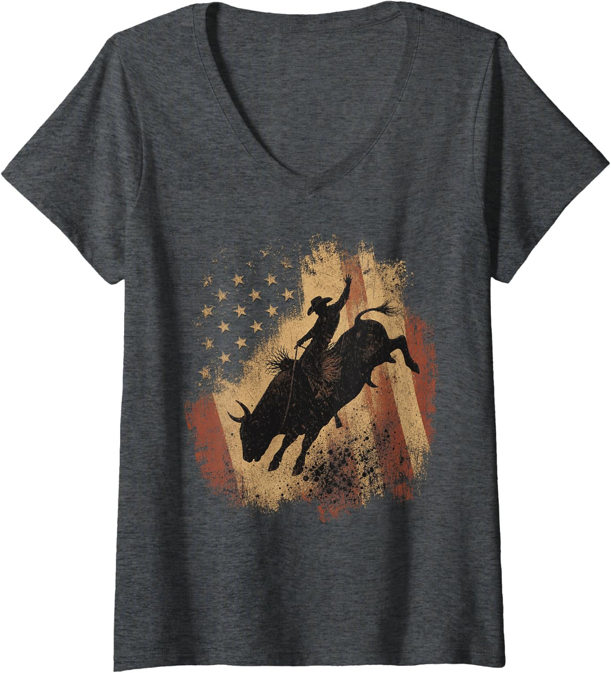 Women's Cowboy Riding Bull Patriotic American Flag Design V-Neck T-Shirt - Dark Heather Grey