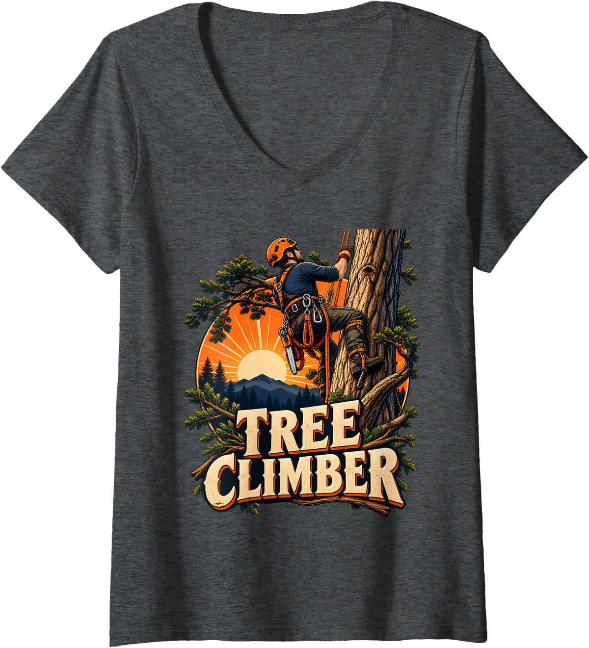 Women's Tree Climber Arborist Tree Surgeon Retro Sunset V-Neck T-Shirt - Dark Heather Grey