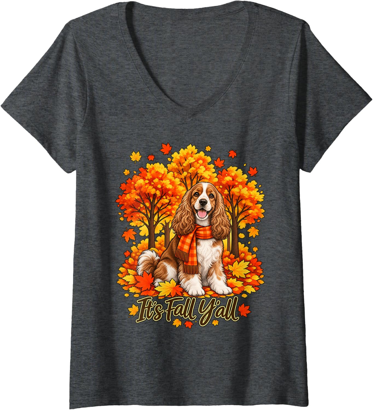 Women's It's Fall Y'all Cocker Spaniel Dog Tree Autumn Thanksgiving V-Neck T-Shirt - Dark Heather Grey