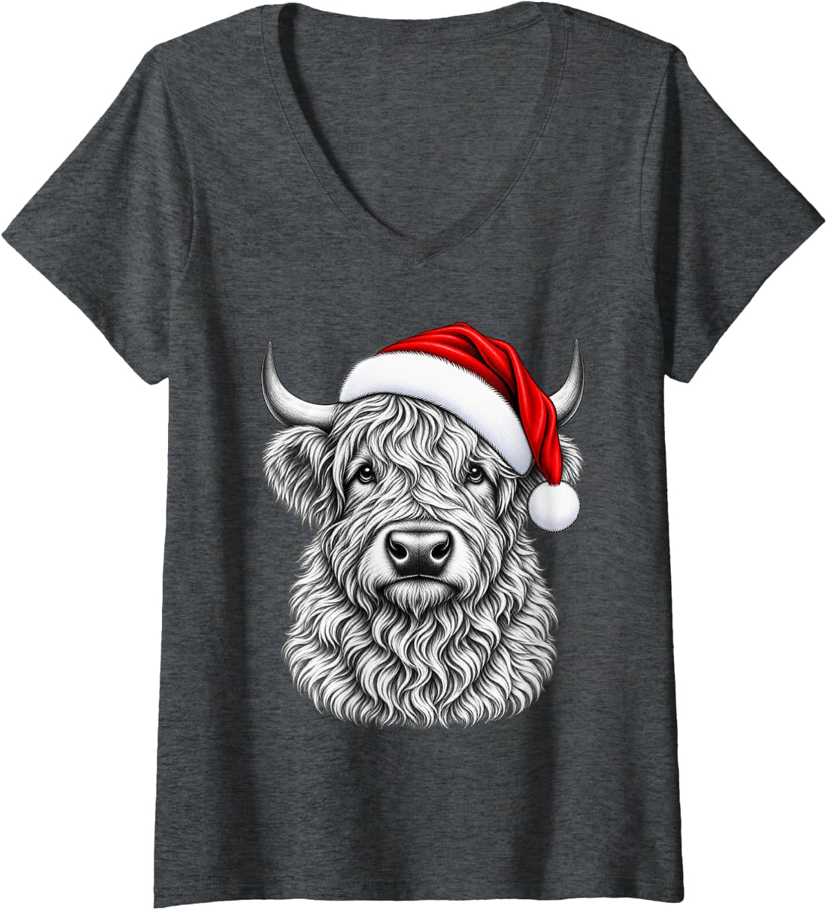 Women's Highland Cow Christmas Santa Hat Men Women Kids Xmas V-Neck T-Shirt - Dark Heather Grey