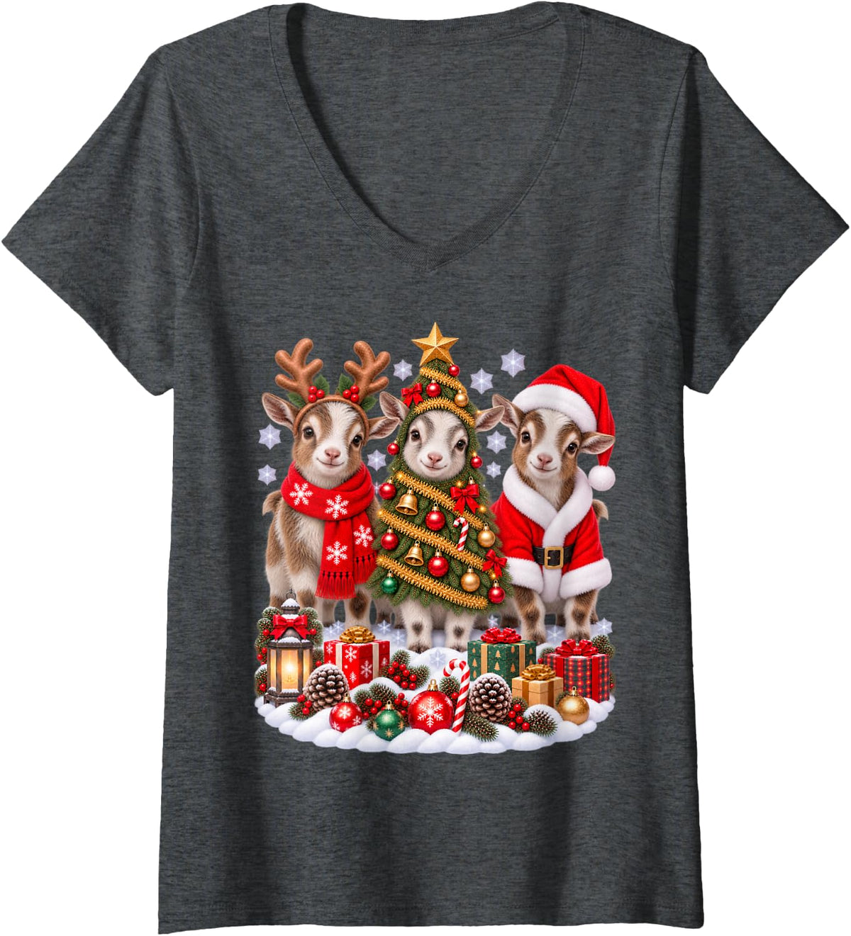 Women's Retro Christmas Goat Santa Reindeer Animal Lover V-Neck T-Shirt - Dark Heather Grey