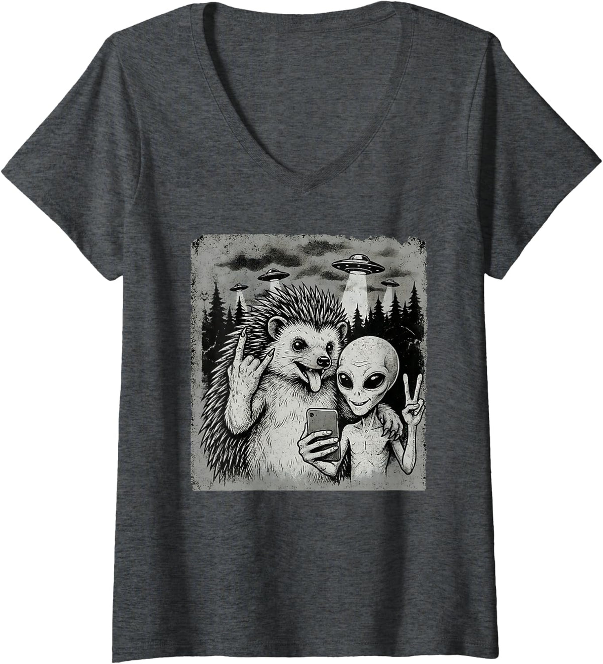 Women's Funny Hedgehog and Alien Rock On Hand Sign UFO Selfie V-Neck T-Shirt - Dark Heather Grey