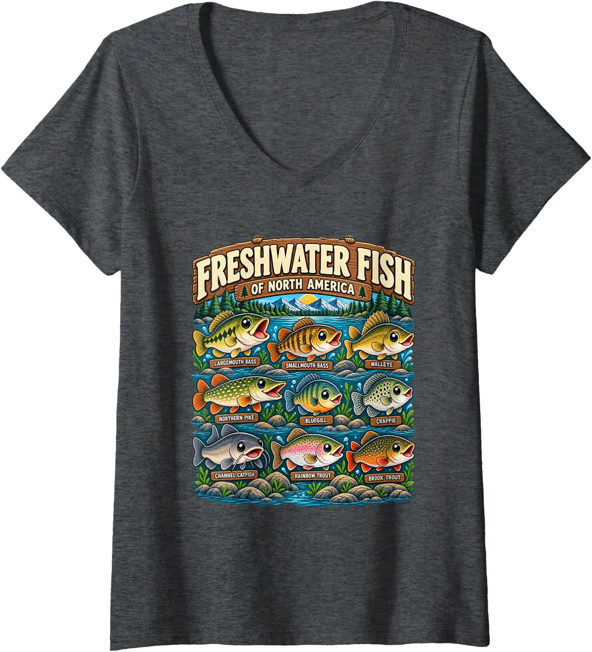 Women's Cute Freshwater Fish North America Bass Trout Fishing V-Neck T-Shirt - Dark Heather Grey