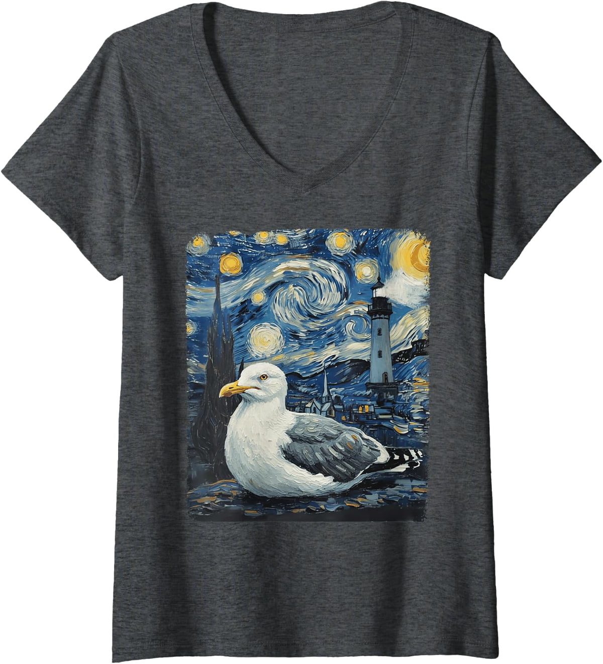 Women's Starry Night Van Gogh Seagull with Lighthouse Coast V-Neck T-Shirt - Dark Heather Grey
