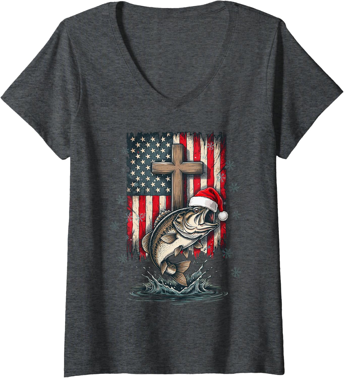 Women's Patriotic Christian Cross Fishing Christmas Bass V-Neck T-Shirt - Dark Heather Grey