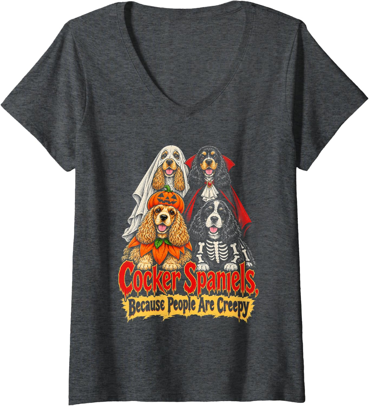 Women's Cocker Spaniels Because People are Creepy Halloween Dogs V-Neck T-Shirt - Dark Heather Grey