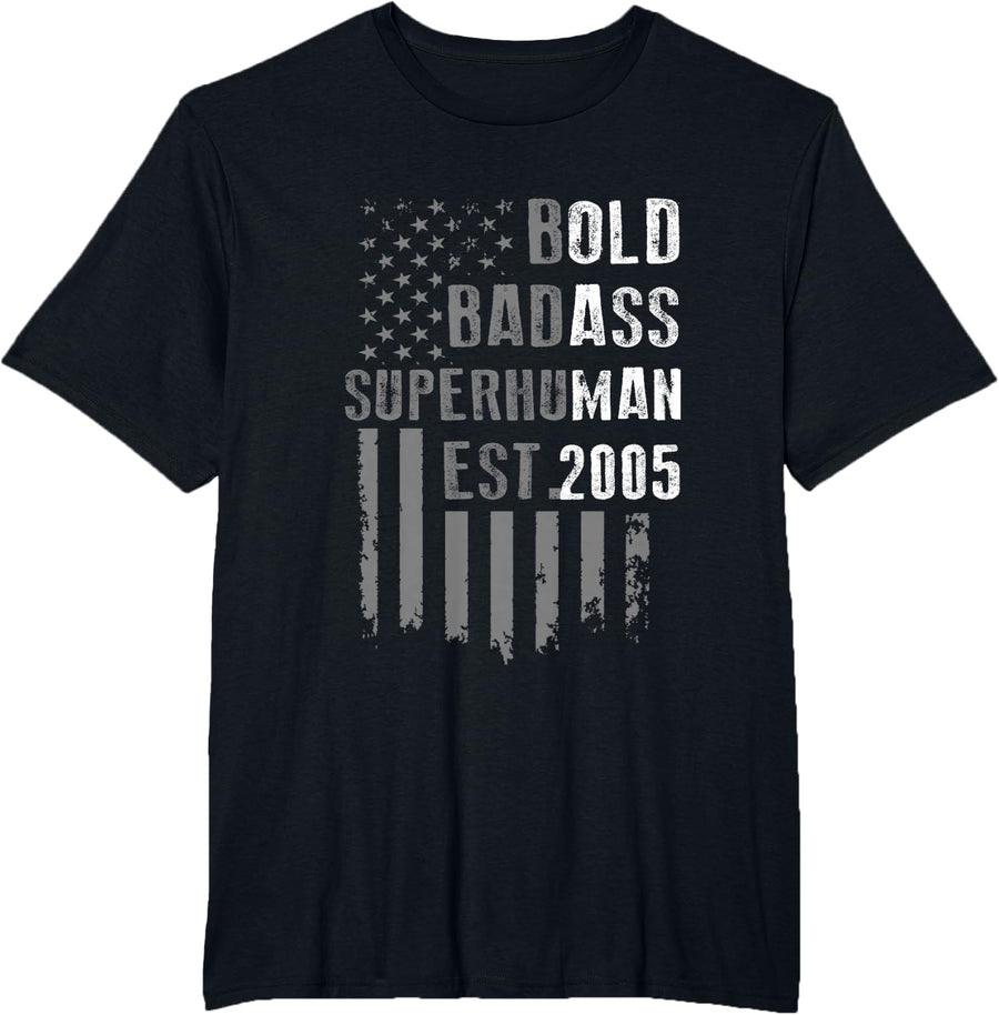 21st Birthday 2005 Bold Badass Superhuman USA Flag T-Shirt - Black