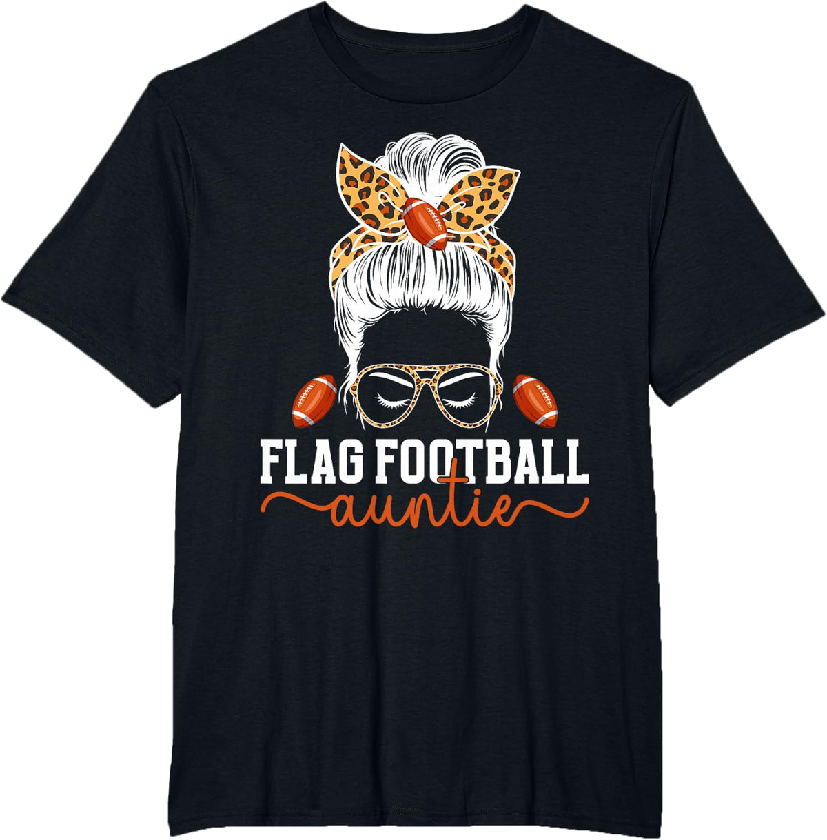 Flag Football Auntie Messy Bun Flag Football Player Aunt T-Shirt - Black