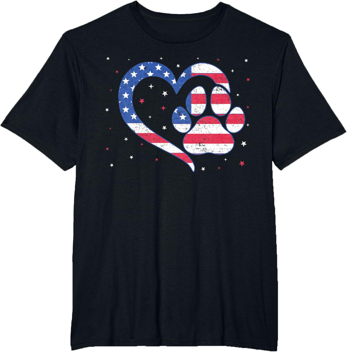 Cat & Dog Paw Heart American Flag Patriotic USA 4th Of July T-Shirt - Black