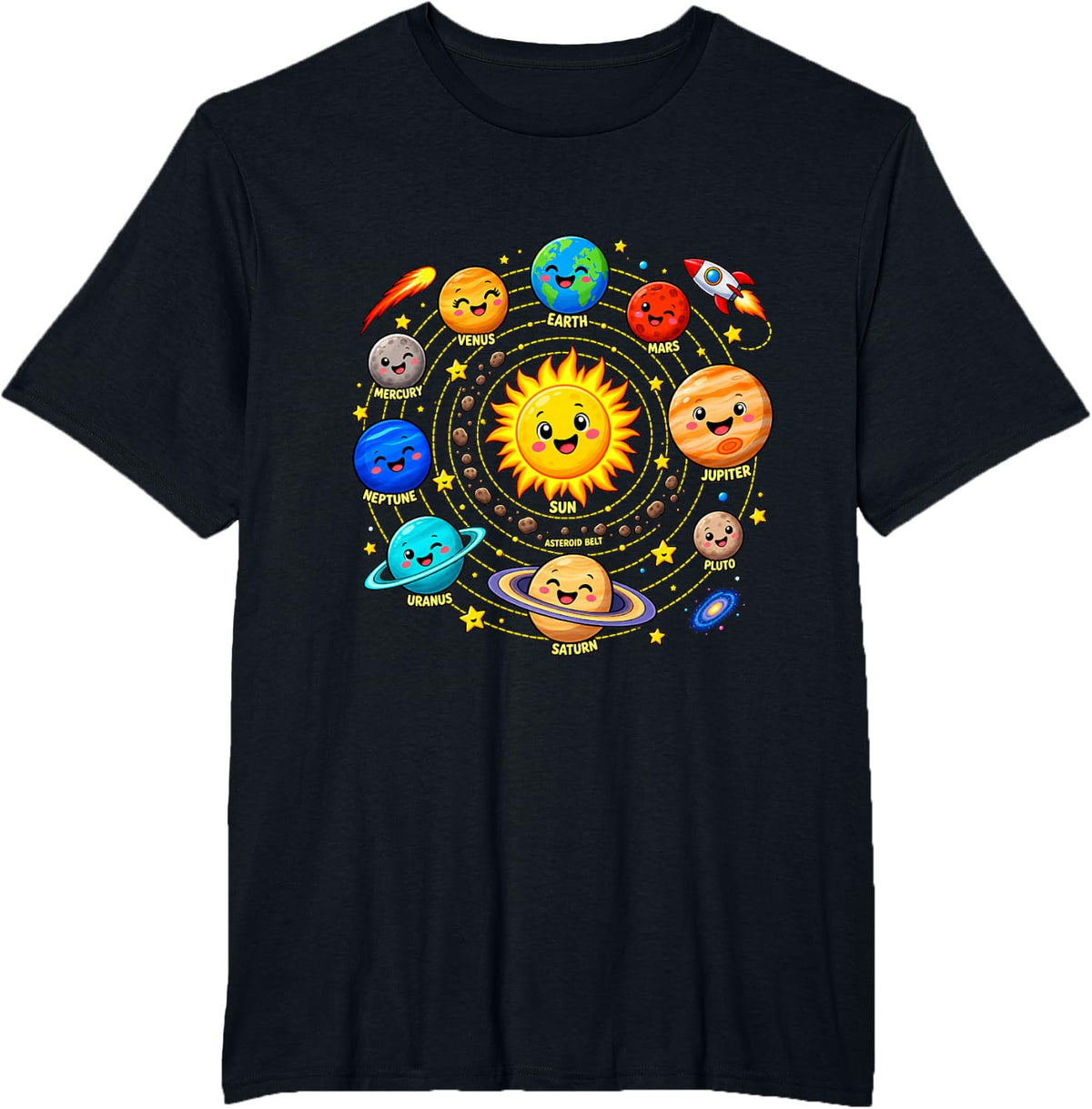 Solar Planets System Astronomy Kids Girls Space T-Shirt - Black