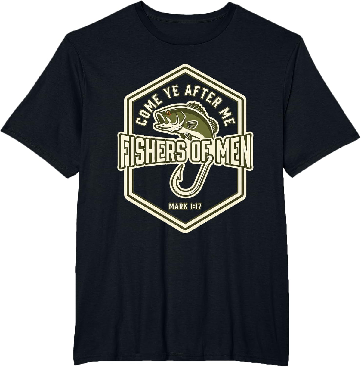Fishers of Men Christian Fishing Bass Fish Badge Design T-Shirt - Black