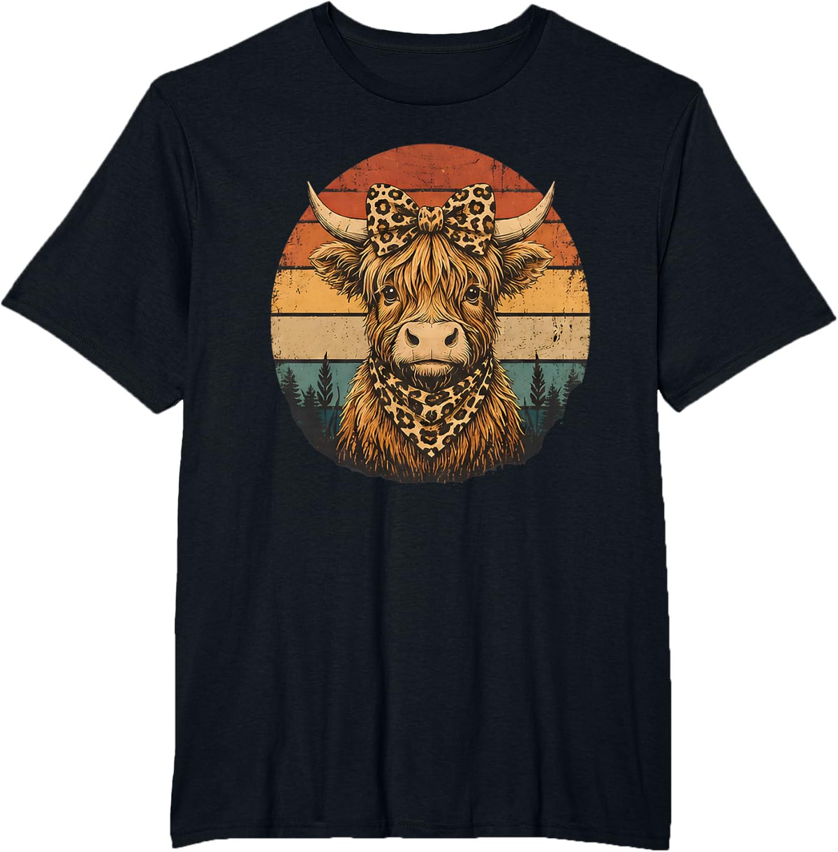 Highland Cow Leopard Bow Retro Sunset Bandana Cattle T-Shirt - Black
