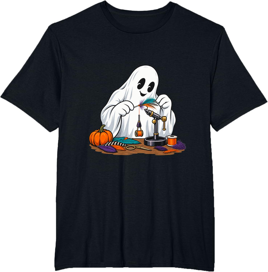 Halloween Fly Tying Ghost Fishing Vise Feathered Lure Art T-Shirt - Black