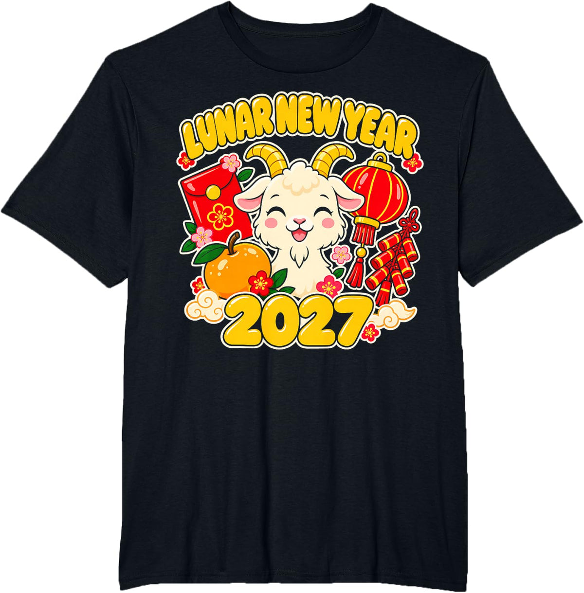 Lunar New Year 2027 Cute Goat Mandarin Orange Lantern T-Shirt - Black