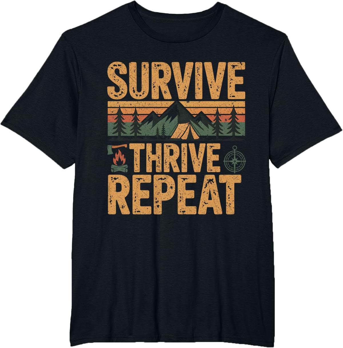 Survive Thrive Repeat Camping Outdoor Hiking Survival T-Shirt - Black