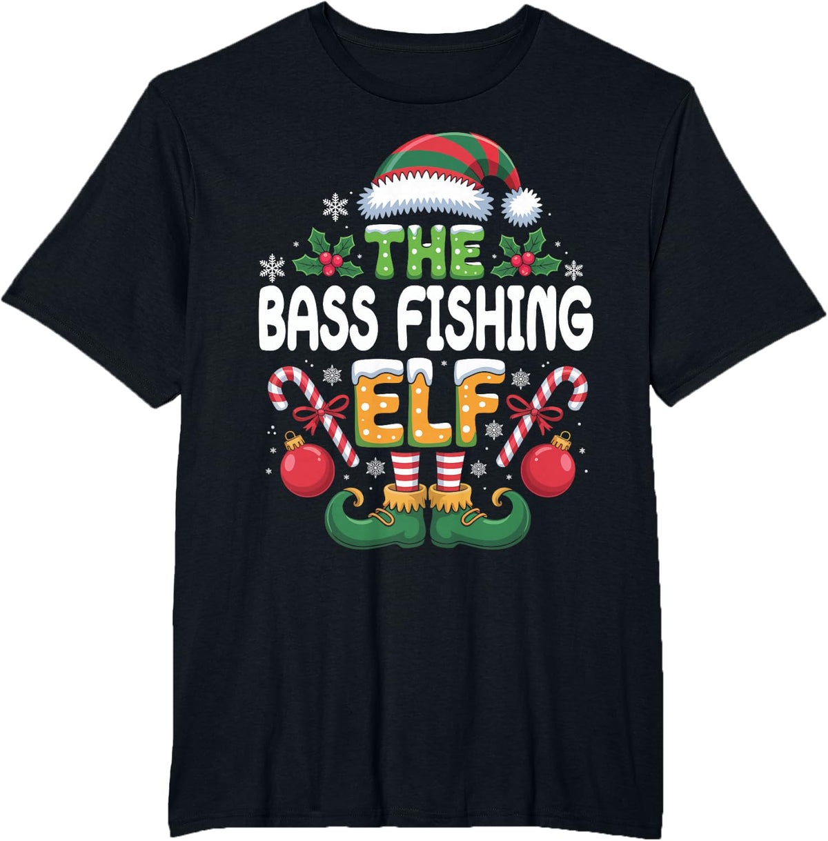 The Bass Fishing Elf Matching Family Christmas T-Shirt - Black