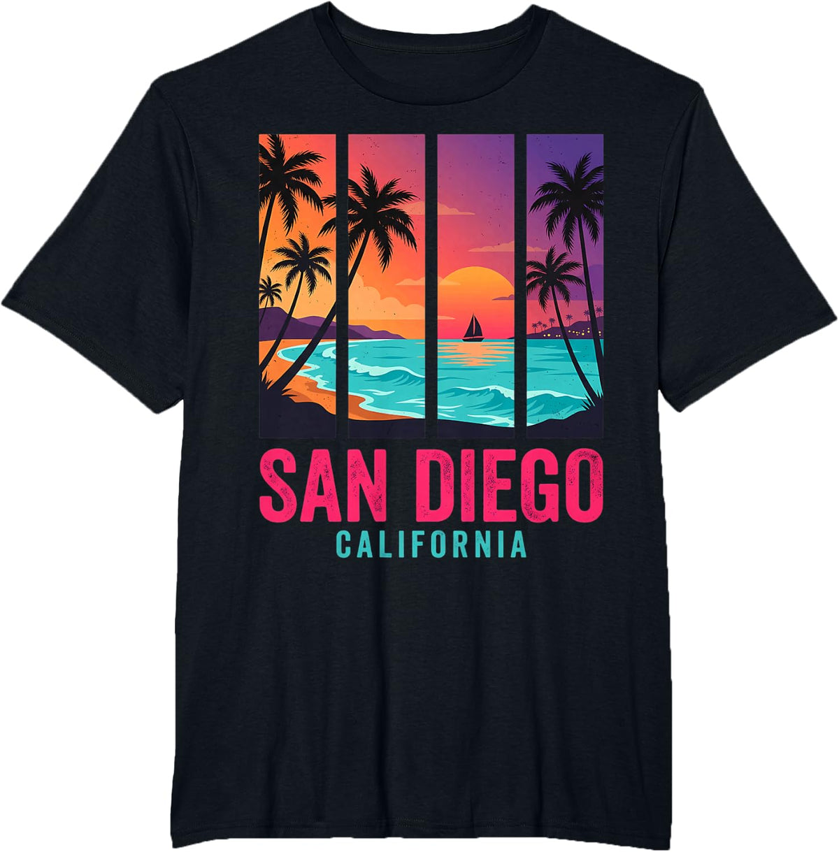 Vintage San Diego California Retro Sunset Beach T-Shirt - Black