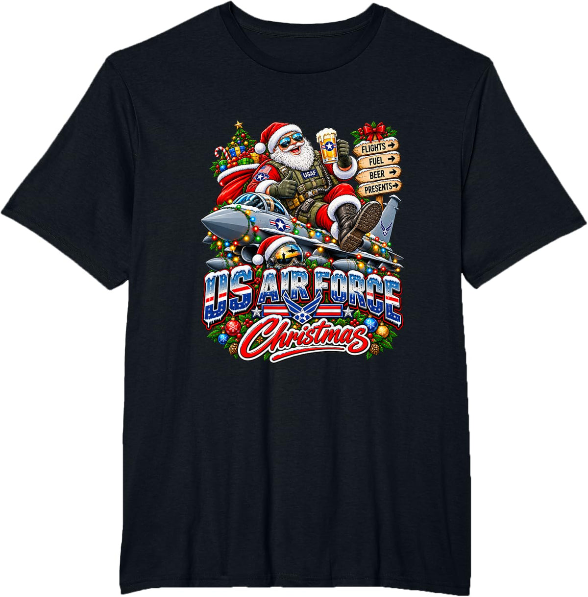 Funny Military Aviation Christmas Santa Design T-Shirt - Black