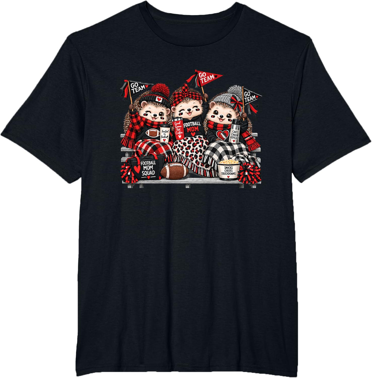 Football Mom Squad Cute Hedgehog Game Day Cheer Red Black T-Shirt - Black