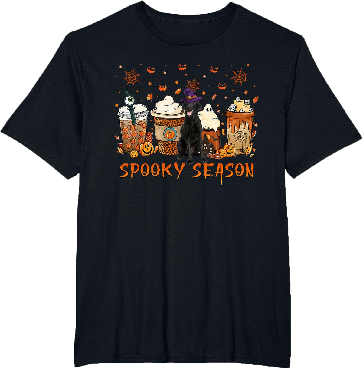 Black Labrador Fall Coffee Pumpkin Spice Latte Spooky Season T-Shirt - Black