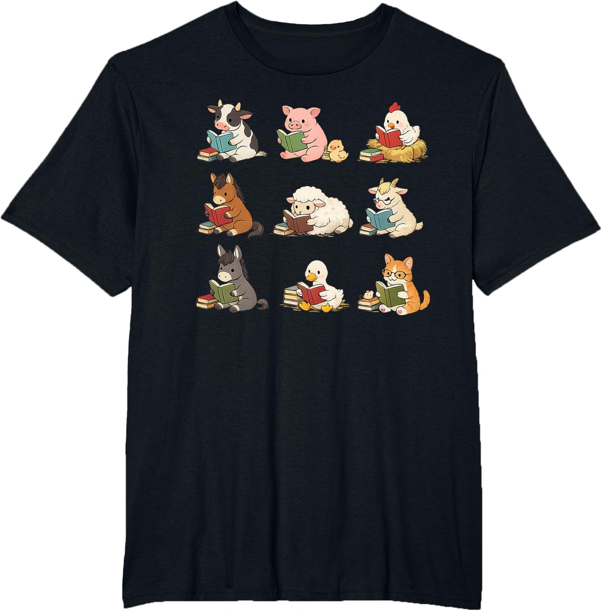 Cute Farm Animals Reading Books Book Lover T-Shirt - Black