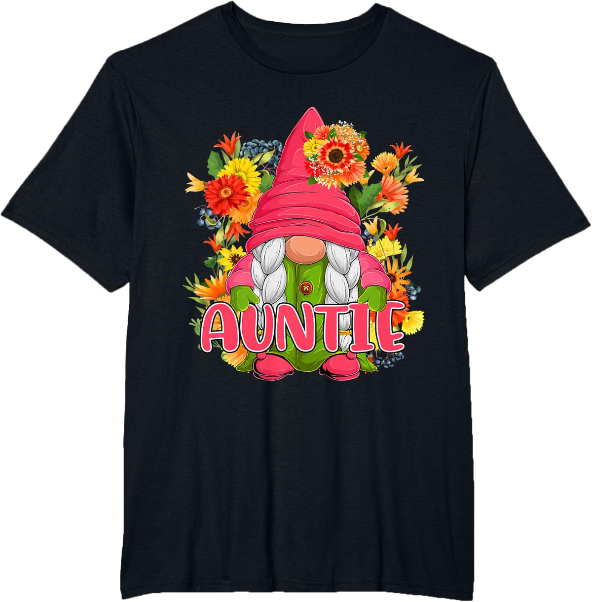 Auntie Cute Floral Flowers Gnome Costume Family Women Lover T-Shirt - Black