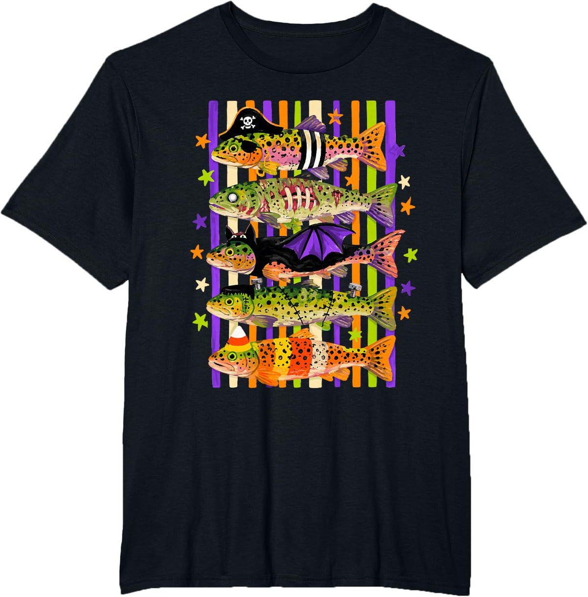 Halloween Trout Fish Ghost Pumpkin Skeleton Spooky Fishing T-Shirt - Black
