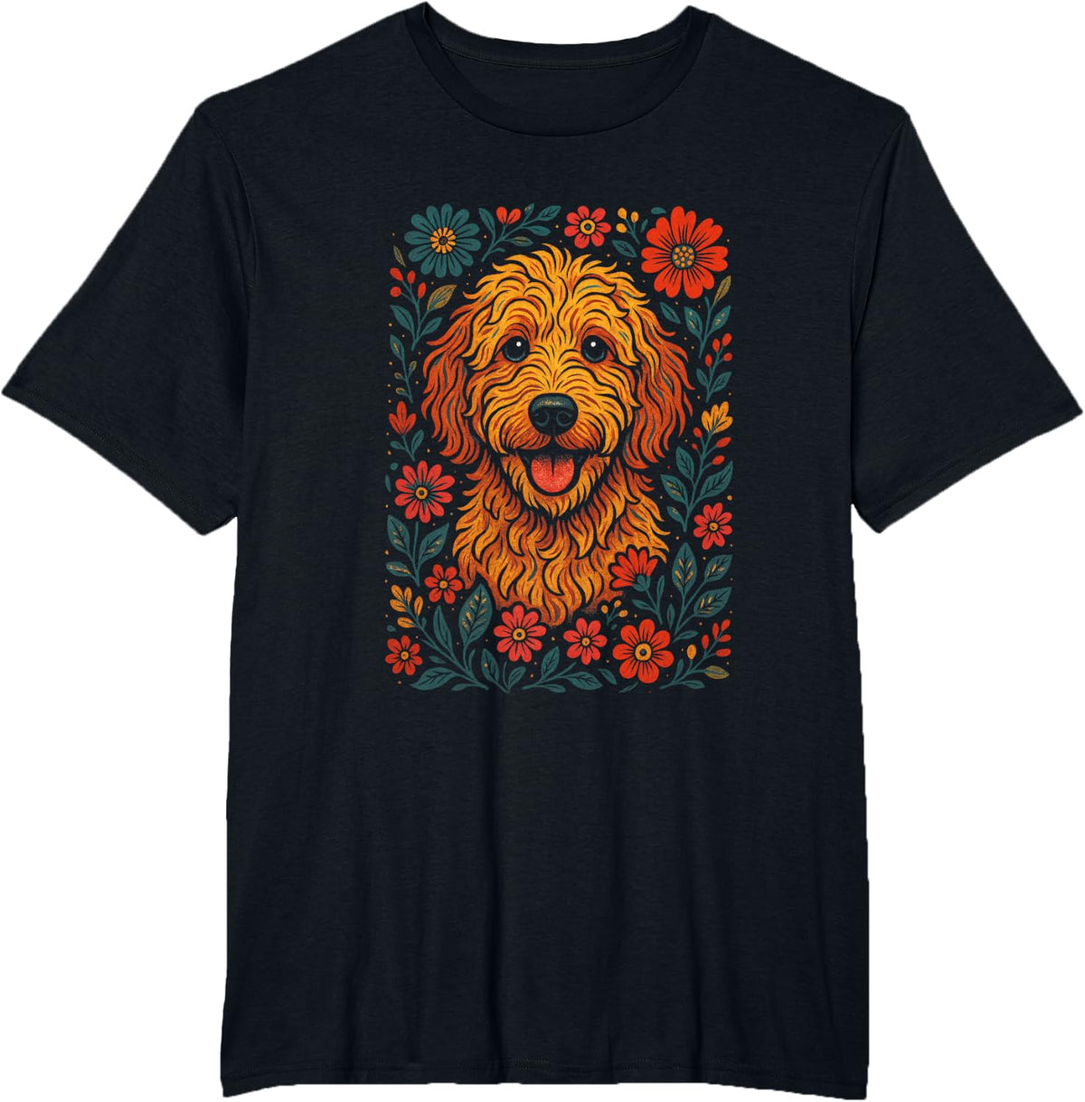 Goldendoodle - Floral Vintage Dog Art T-Shirt - Black