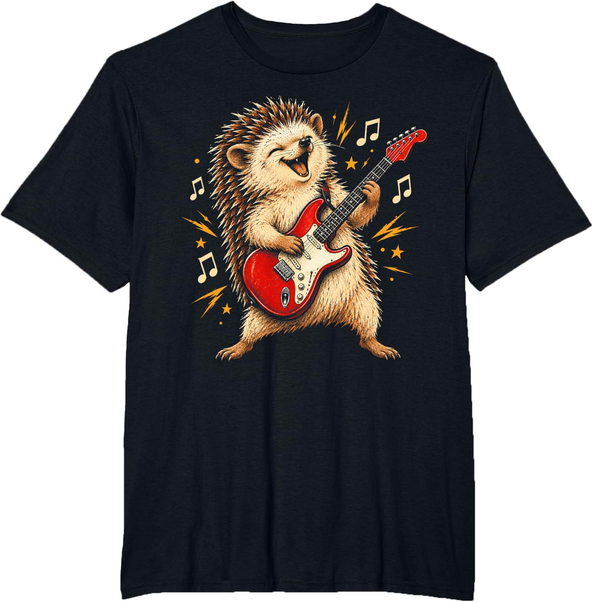 Hedgehog Playing a Red Electric Guitar Rock Music Artwork T-Shirt - Black